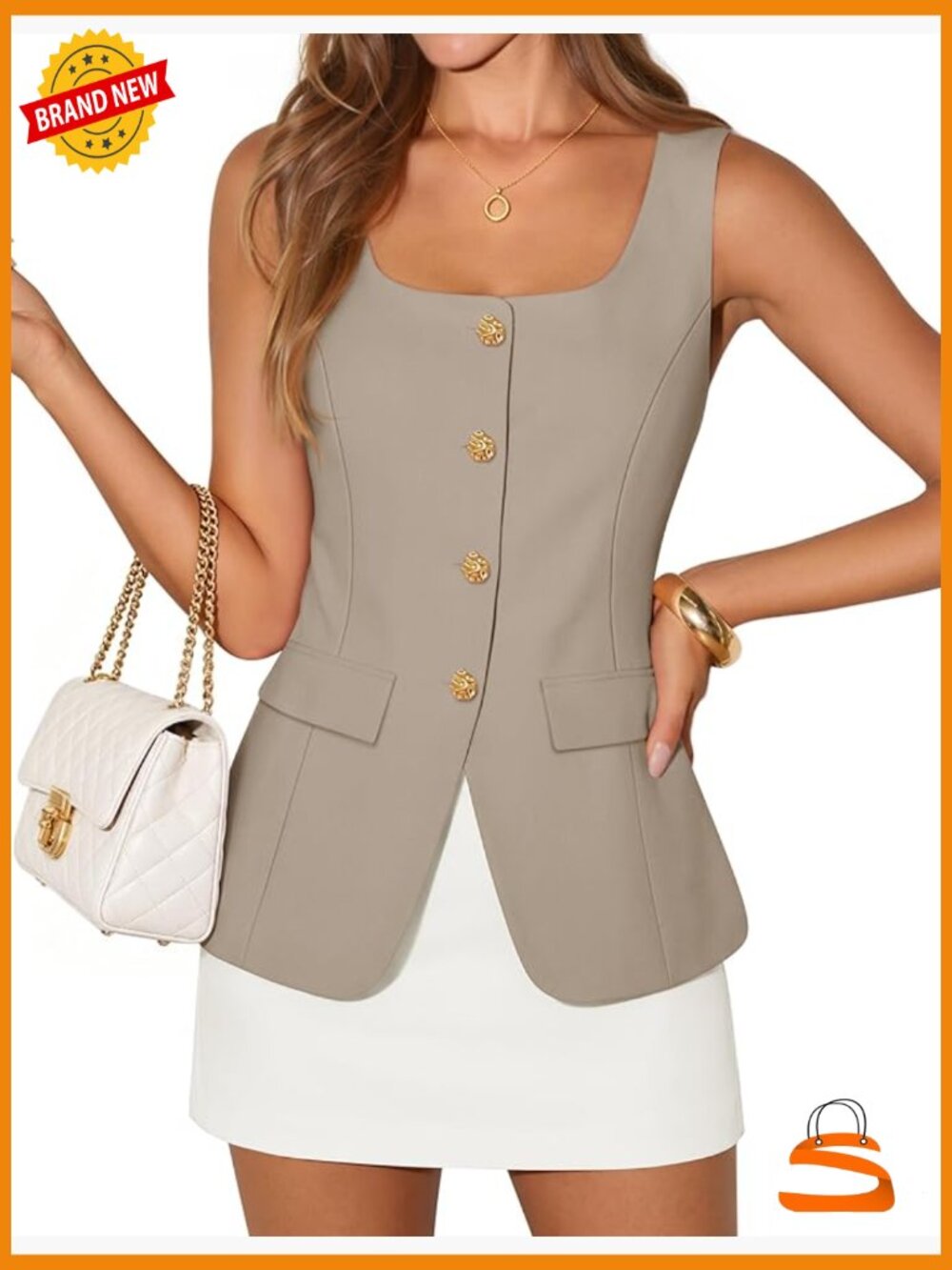 Square Neck Sleeveless Blazer Vest Womens Work Business Suit Vest Flowy Fit